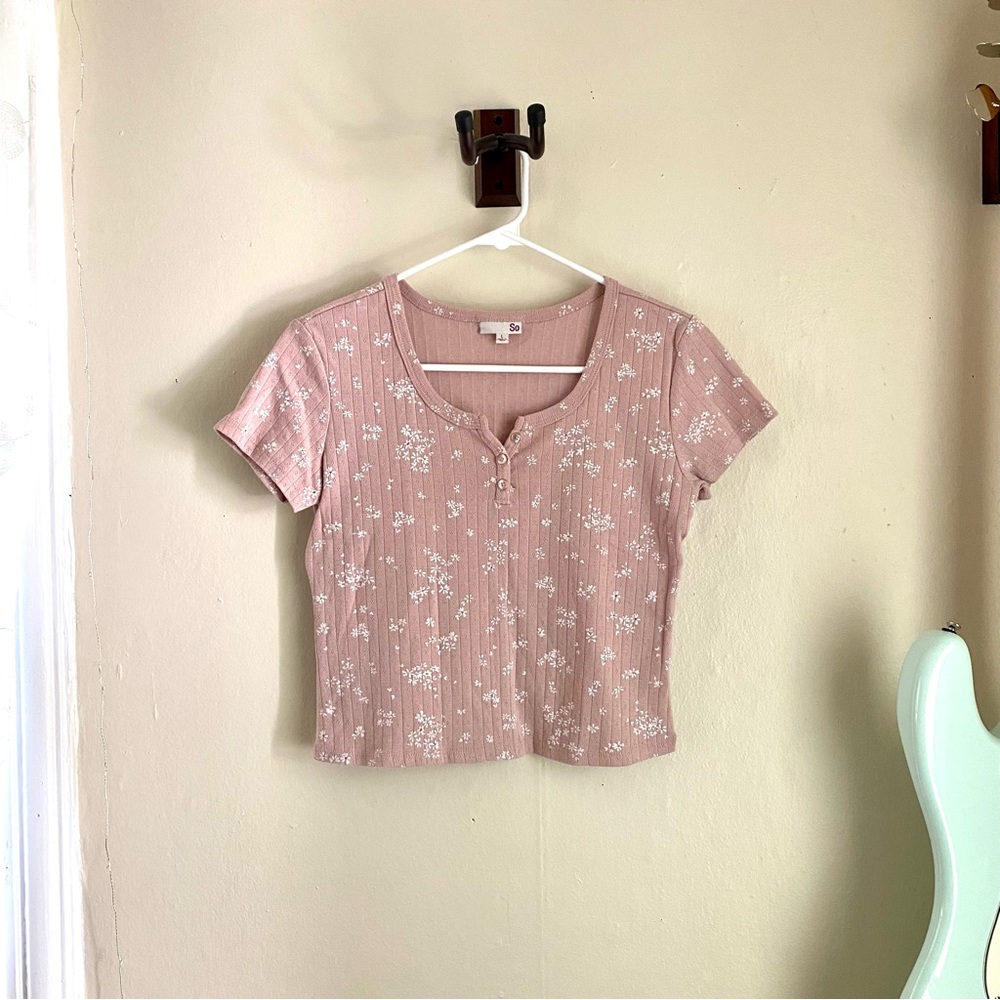 soft rosy pink floral ribbed crop top